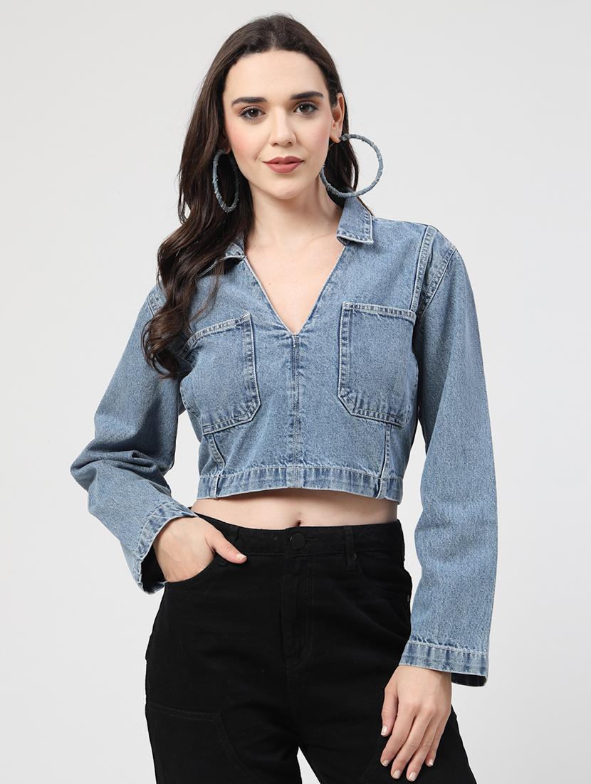 women solid collared crop denim top - 21684113 -  Zoom Image - 0