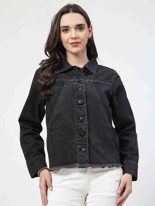 women solid long sleeves denim jacket - 21684118 - Standard Image - 0