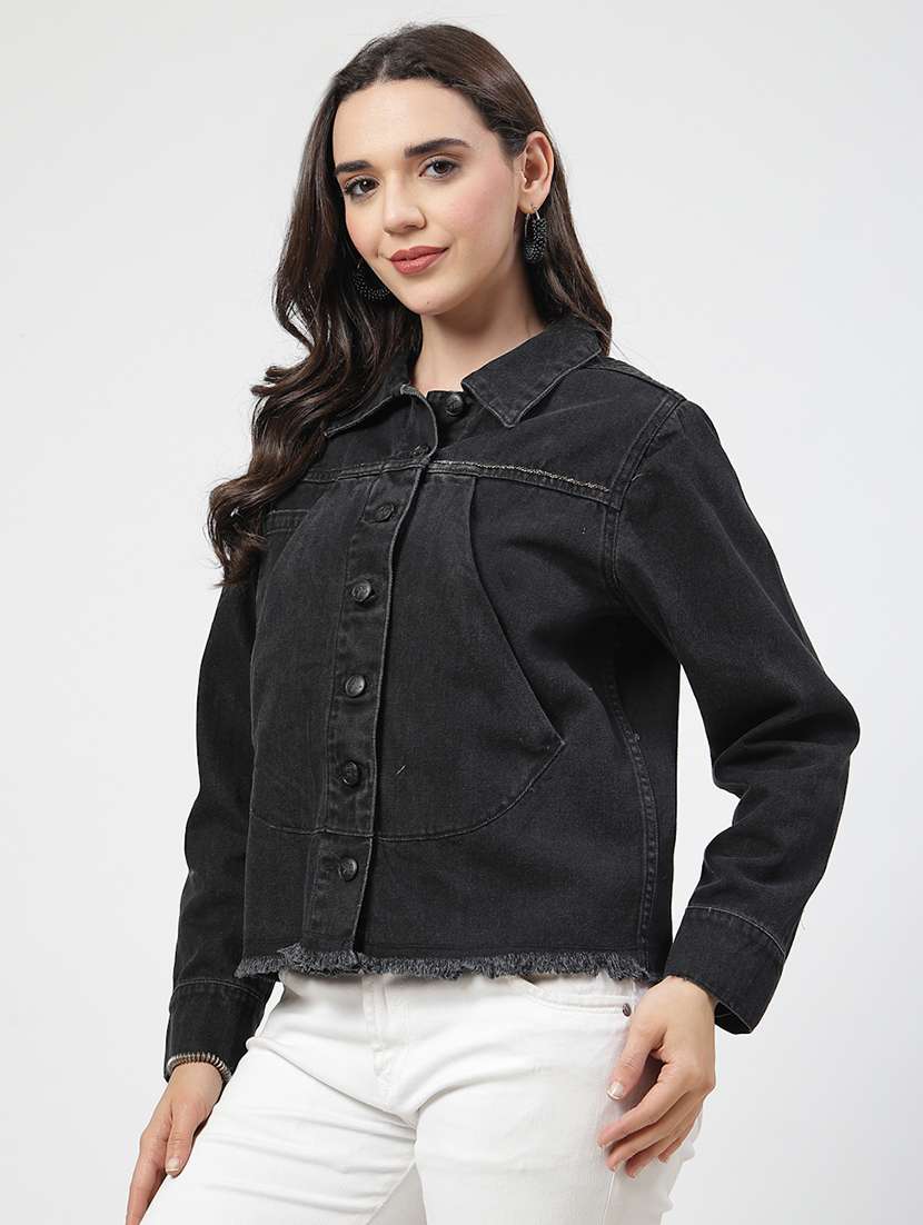 women solid long sleeves denim jacket - 21684118 - Standard Image - 1