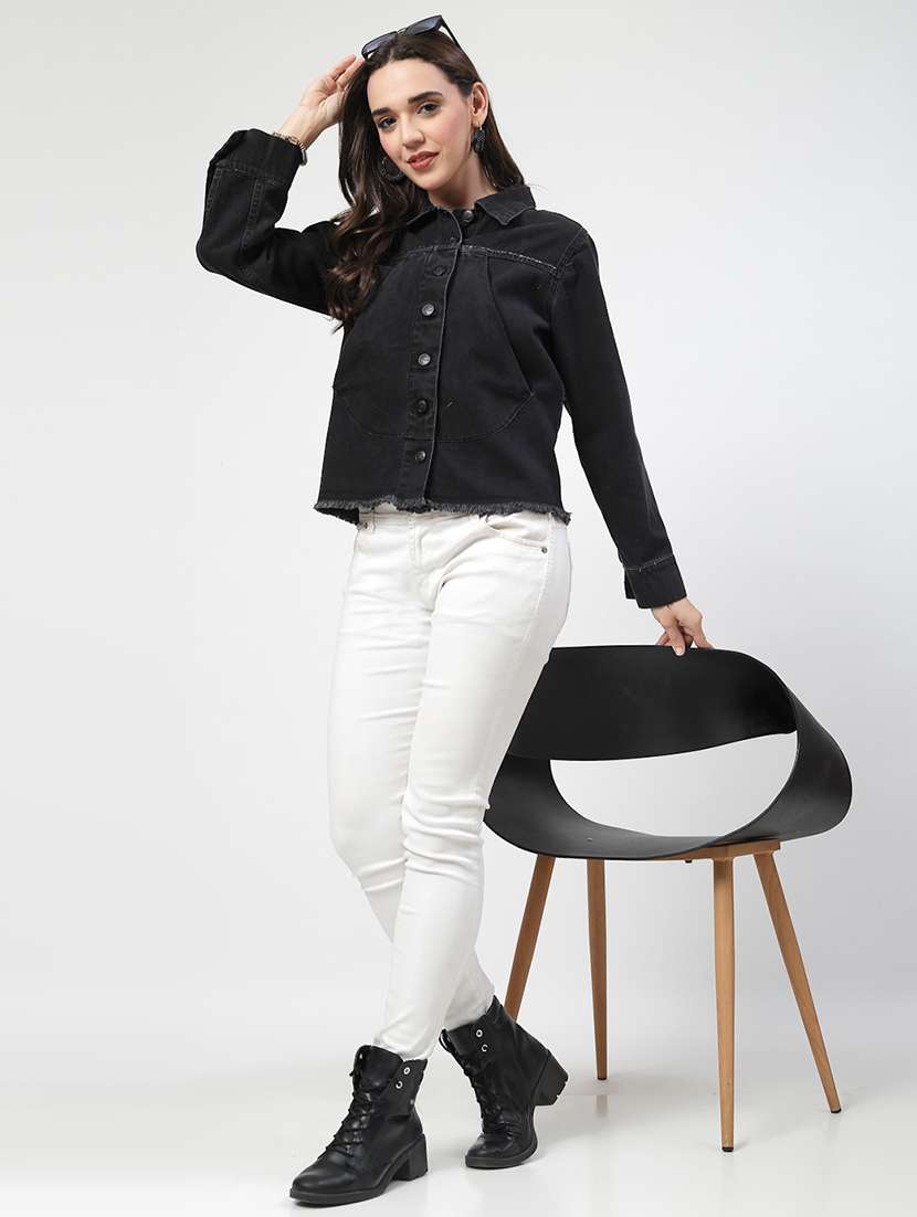 women solid long sleeves denim jacket - 21684118 - Standard Image - 4