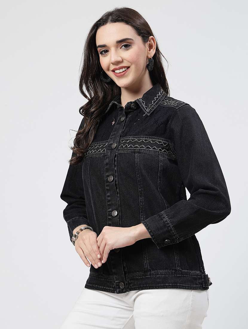women solid long sleeves denim jacket - 21684119 - Standard Image - 1