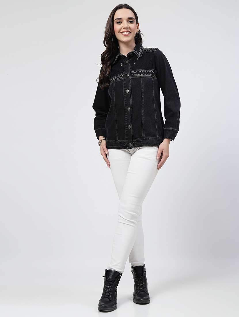 women solid long sleeves denim jacket - 21684119 - Standard Image - 4