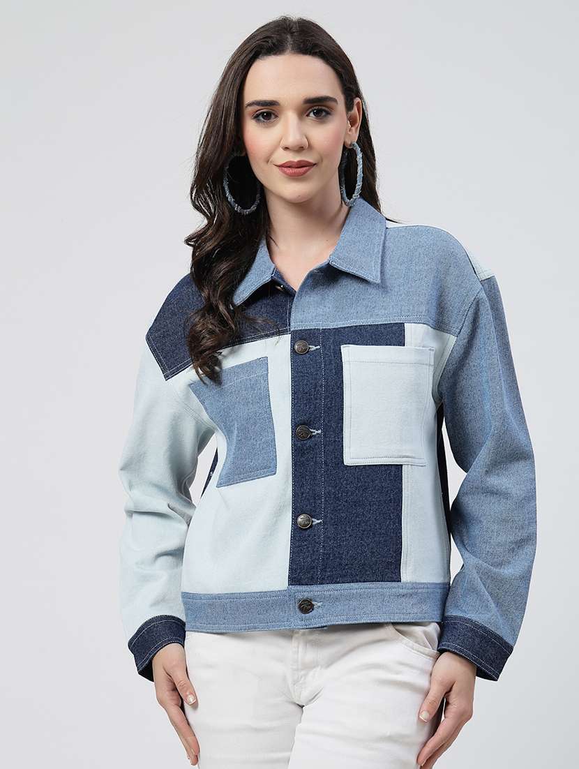 women color blocked long sleeves denim jacket