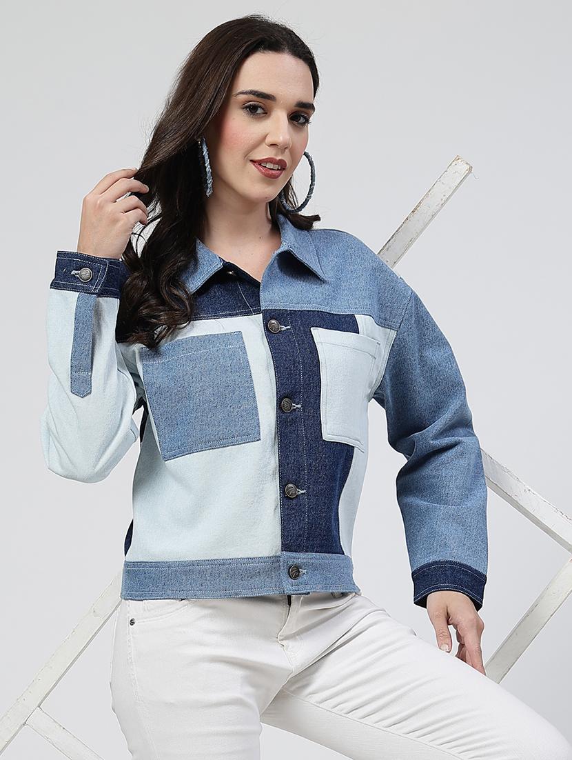 women color blocked long sleeves denim jacket - 21684120 - Standard Image - 4