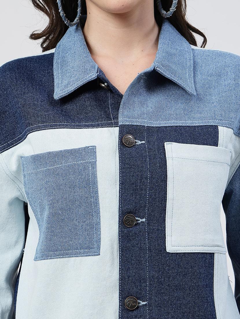 women color blocked long sleeves denim jacket - 21684120 - Standard Image - 6