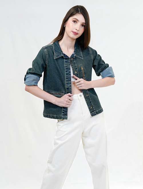 women solid long sleeves denim jacket - 21684121 - Standard Image - 0