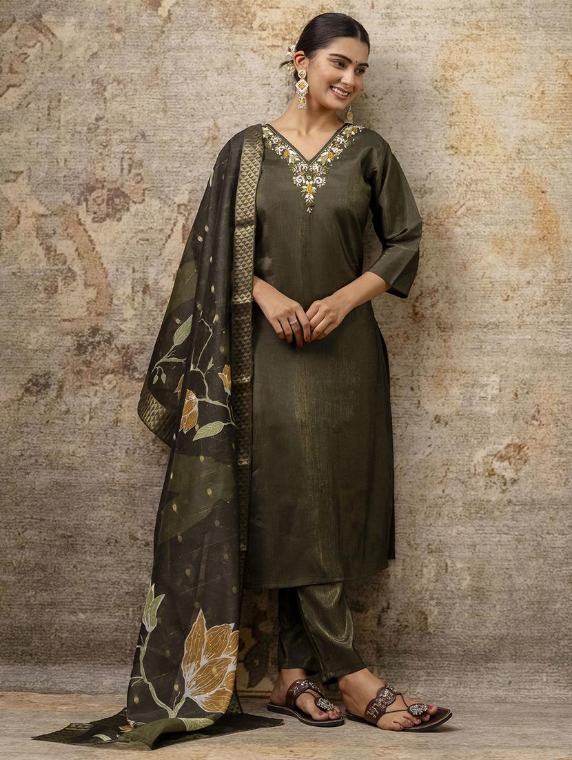 women three quarter sleeve kurta pant with dupatta set