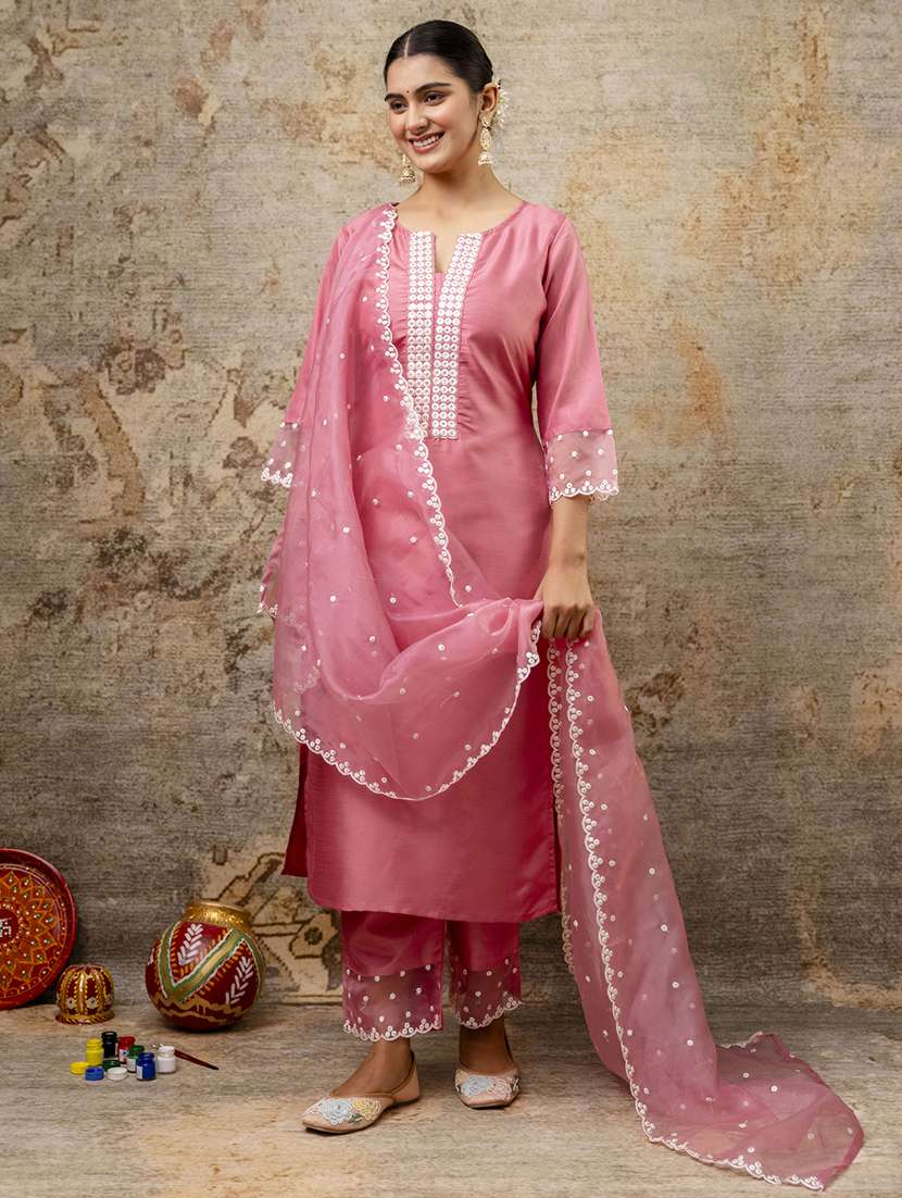 women three quarter sleeve kurta pant with dupatta set