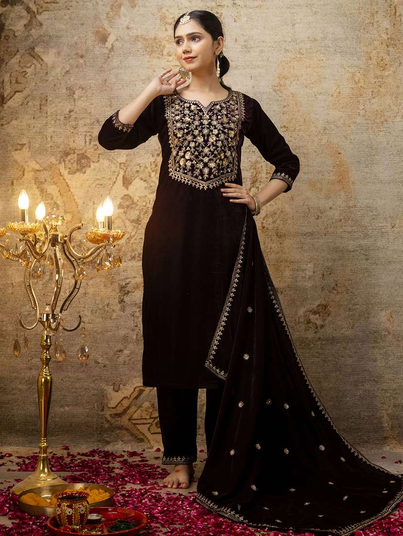 women embroidered three quarter sleeve suit set - 21684141 -  Standard Image - 1