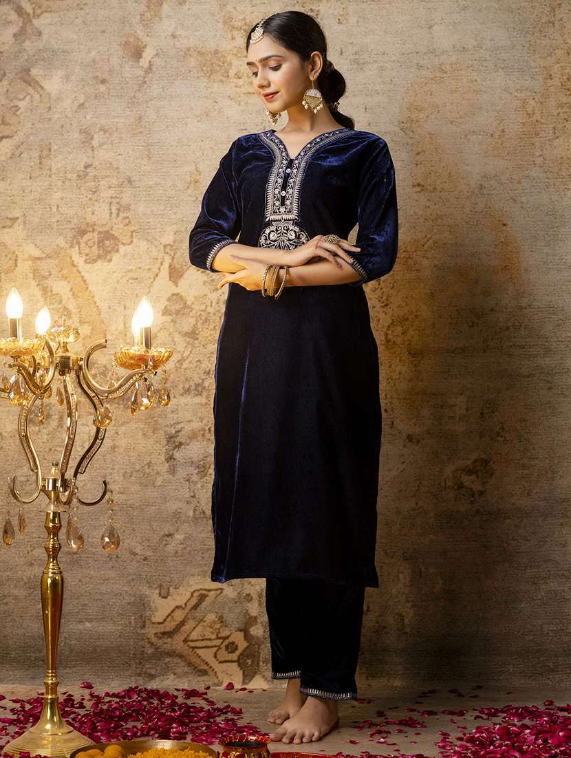women embroidered three quarter sleeve suit set - 21684144 - Standard Image - 1