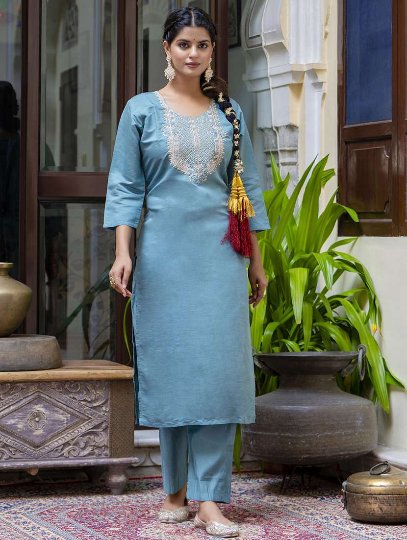 women embroidered three quarter sleeve suit set - 21684180 -  Standard Image - 1
