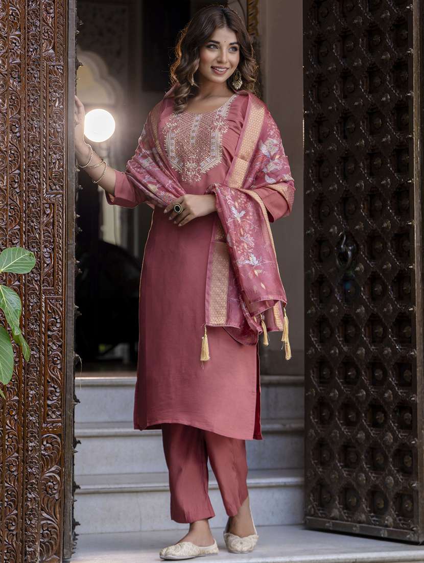 women embroidered three quarter sleeve suit set - 21684181 -  Standard Image - 1