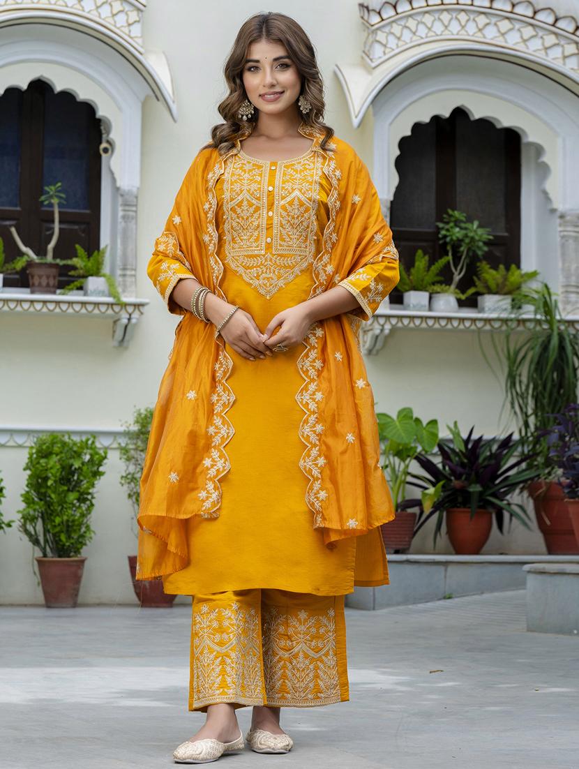 women three quarter sleeve kurta palazzo with dupatta set