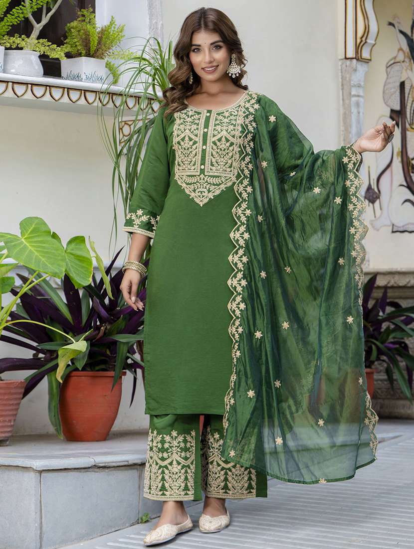 women three quarter sleeve kurta palazzo with dupatta set