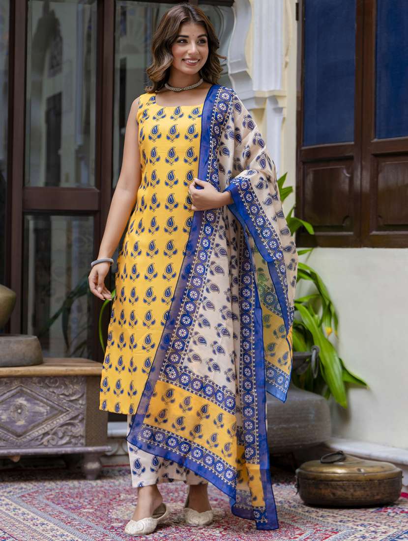 women yellow sleeveless kurta pant with dupatta set