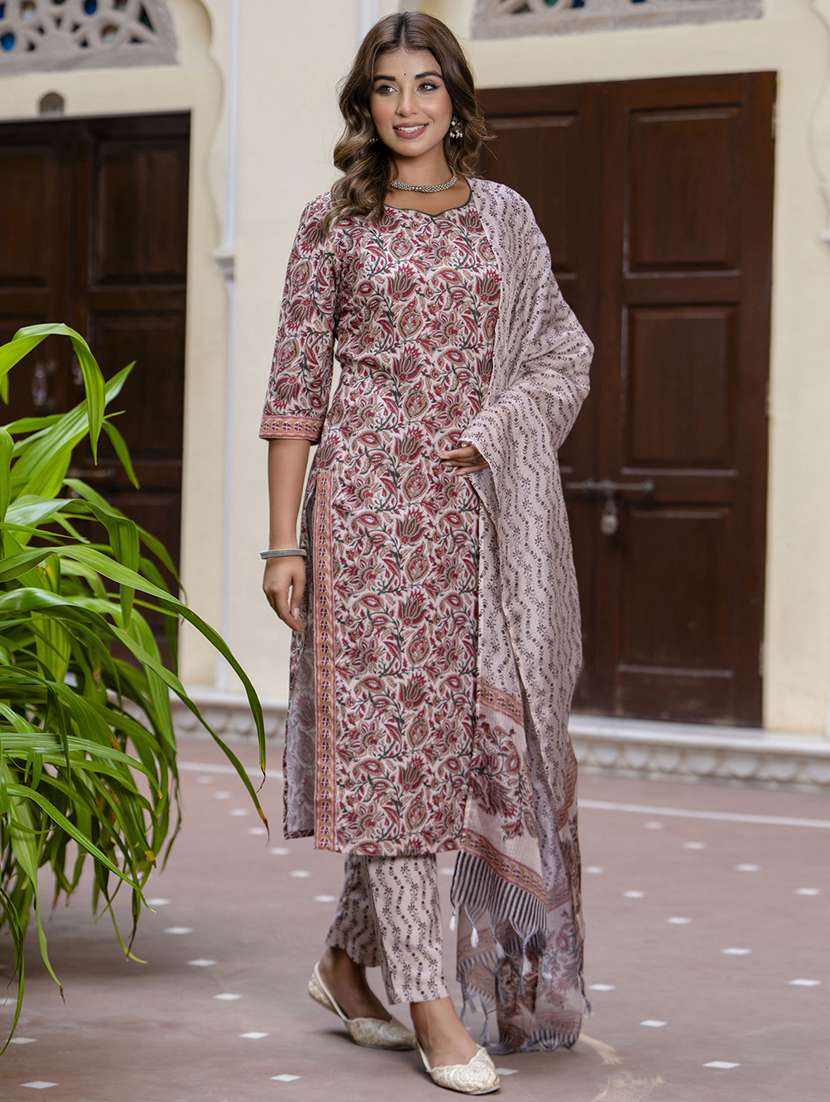 women three quarter sleeve kurta pant with dupatta set - 21684214 -  Standard Image - 1