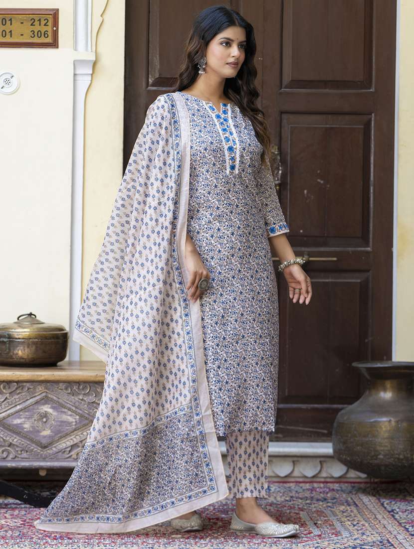 light blue cotton blend kurta dupatta  set - 21684223 -  Standard Image - 1