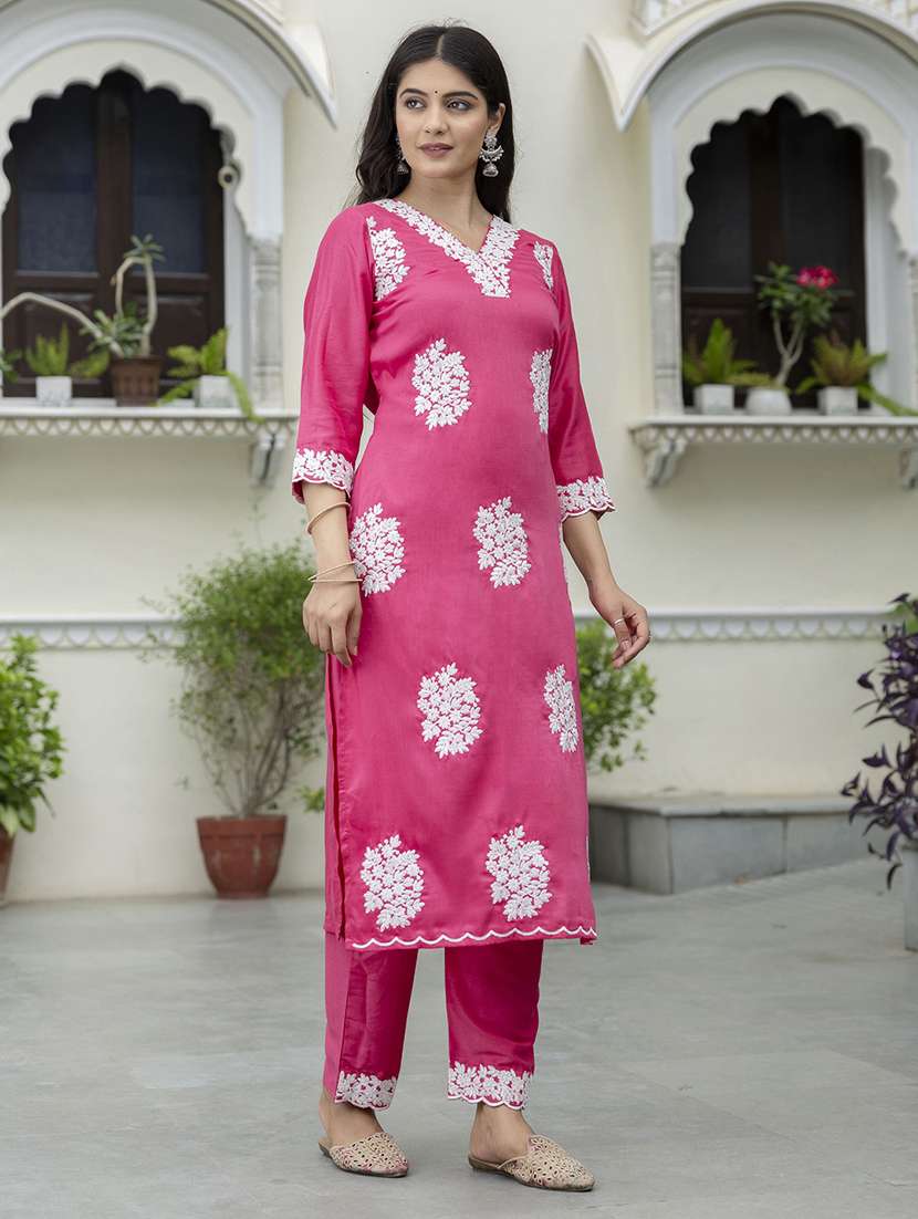 women embroidered three quarter sleeve kurta pant set - 21684232 -  Standard Image - 1