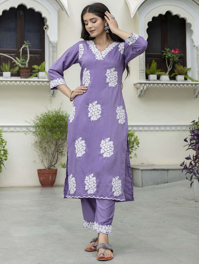 women embroidered three quarter sleeve kurta pant set - 21684233 - Standard Image - 1