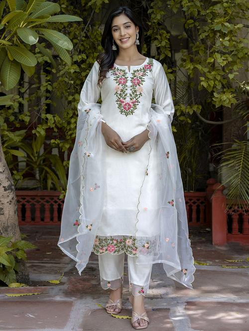 women embroidered three quarter sleeve suit set - 21684236 -  Standard Image - 0