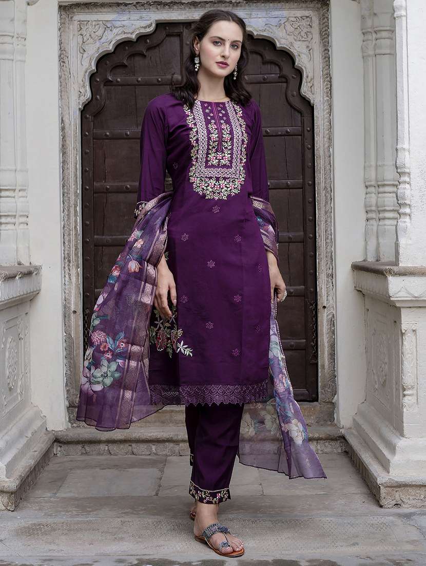 women embroidered three quarter sleeve suit set - 21684247 -  Standard Image - 1