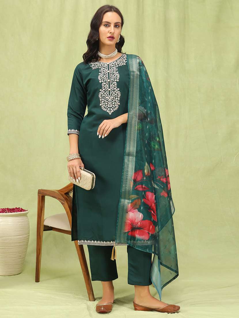women three quarter sleeve kurta pant with dupatta set