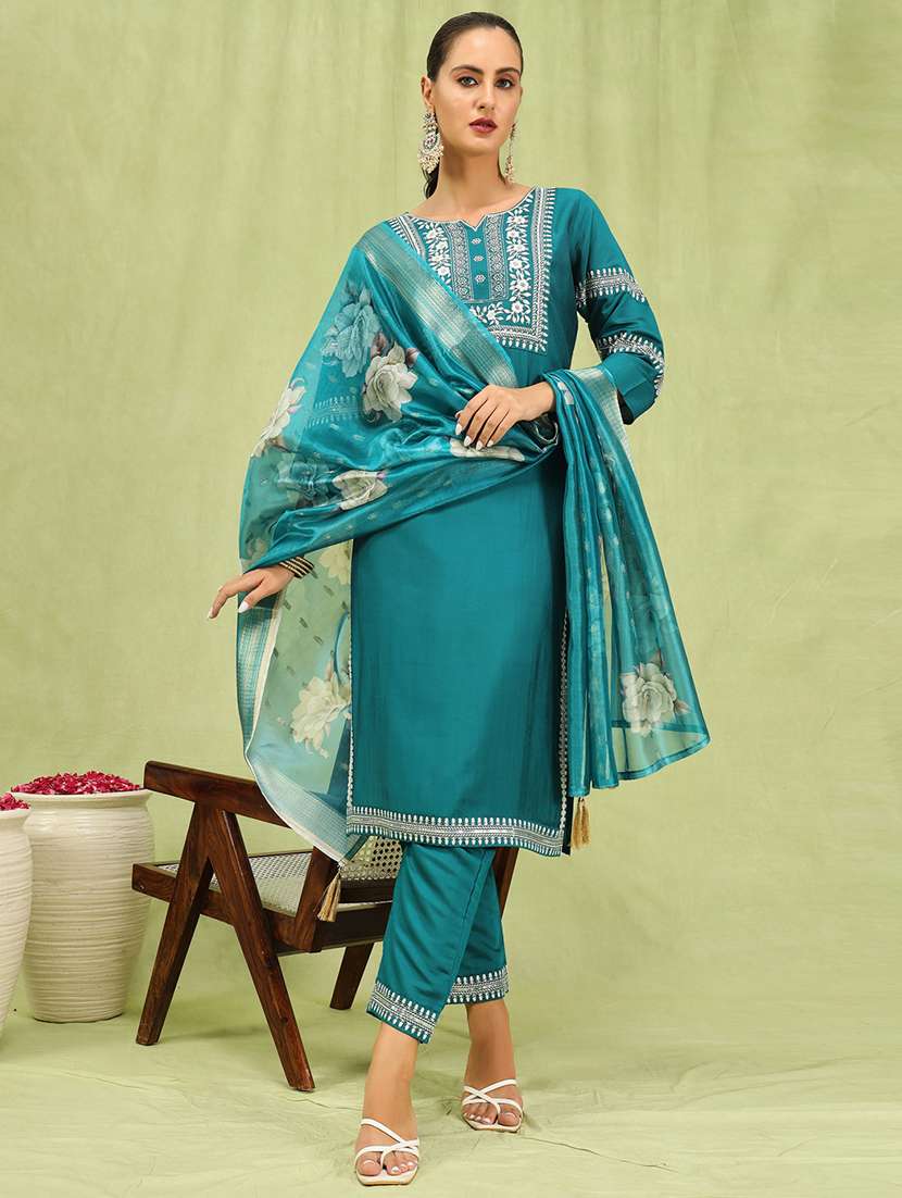 women three quarter sleeve kurta pant with dupatta set