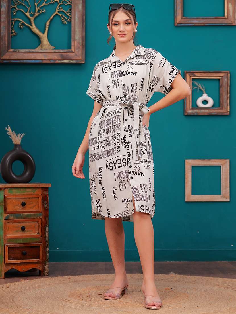 women typographic print collared shirt dress