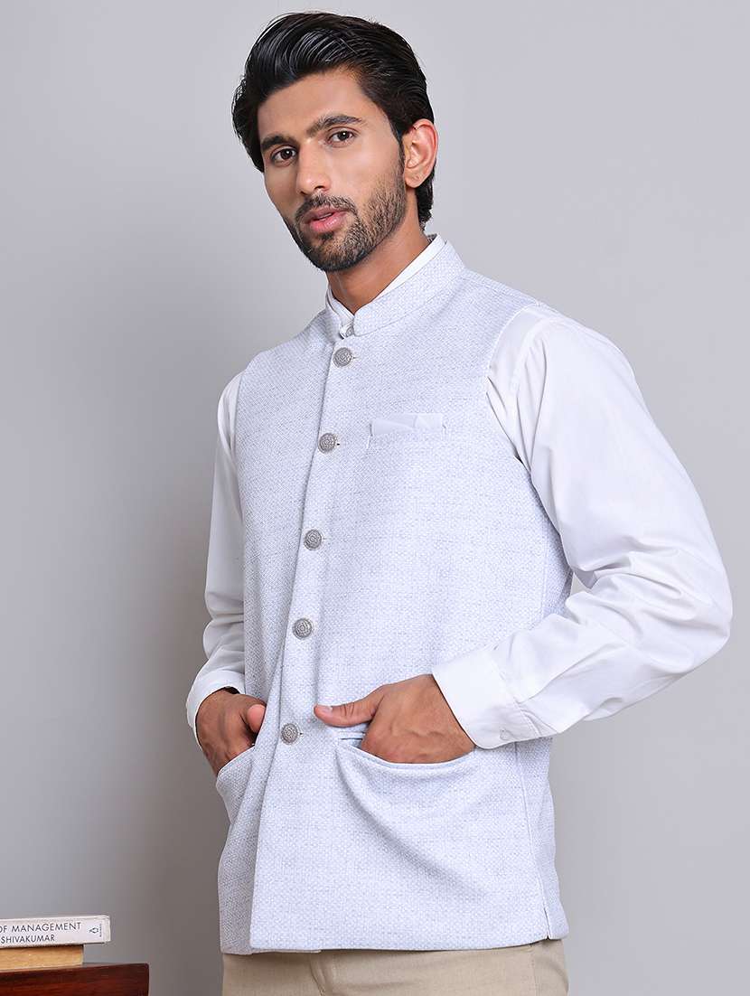 men mandarin neck self design classic waist coat