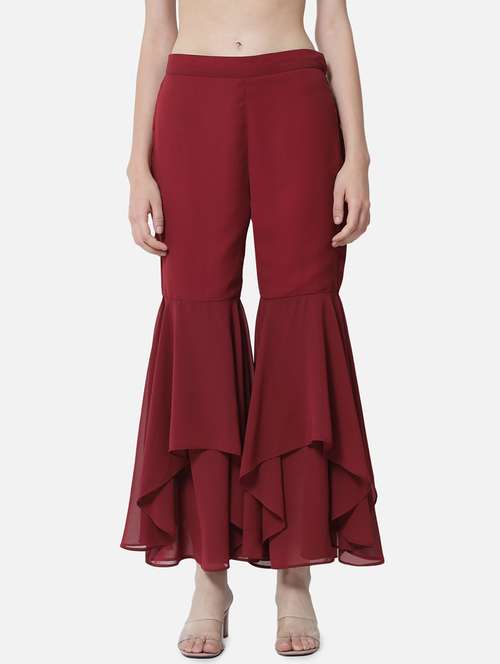women solid mid rise ruffle palazzo - 21684846 - Standard Image - 0