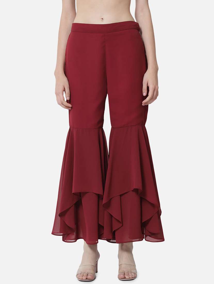 women solid mid rise ruffle palazzo - 21684846 - Zoom Image - 0