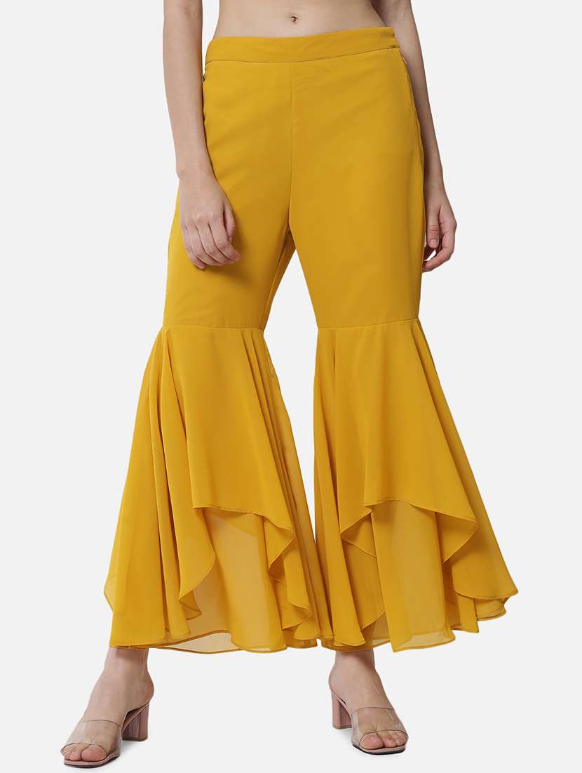 women solid mid rise ruffle palazzo