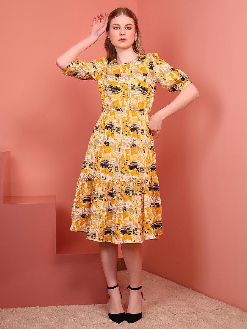 yellow polyester fit & flare dress - 21684867 - Zoom Image - 0