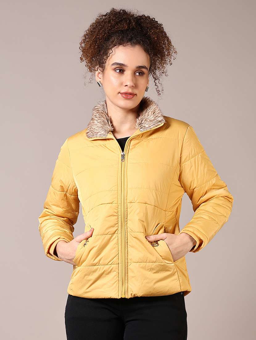 women solid long sleeve fur collared puffer jacket - 21685144 -  Standard Image - 1