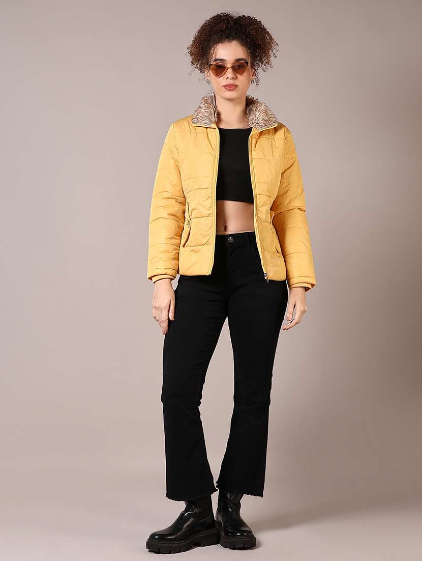 women solid long sleeve fur collared puffer jacket - 21685144 -  Standard Image - 4