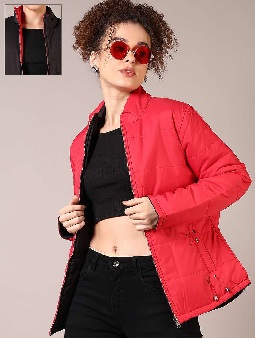 women solid long sleeve reversible puffer jacket