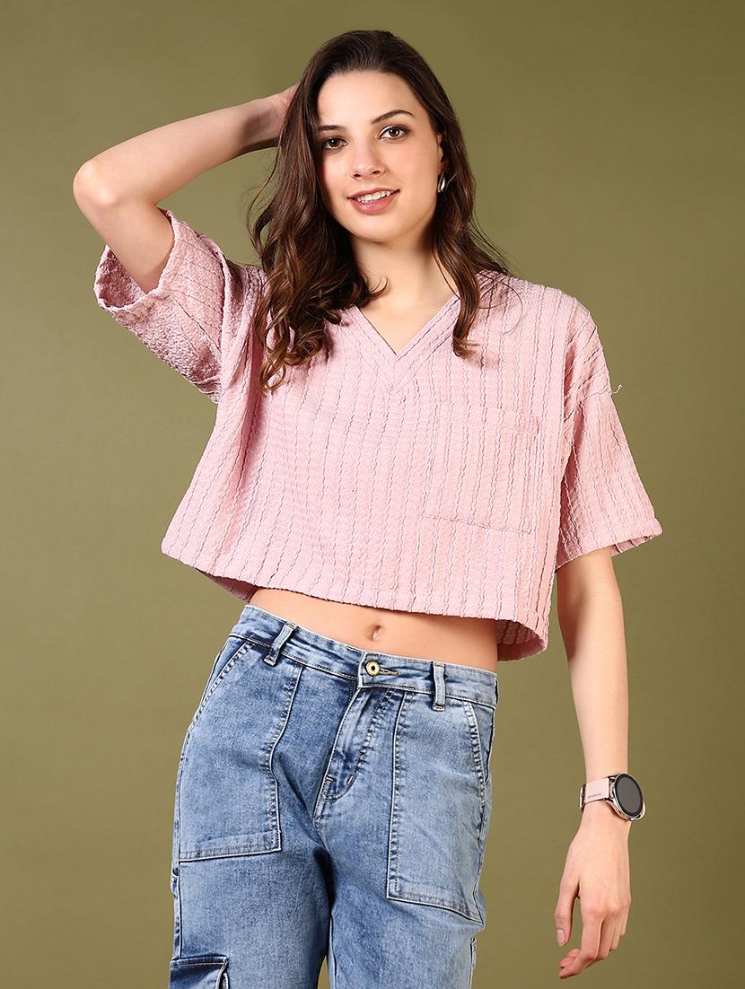 women solid short sleeves crop top - 21685158 - Zoom Image - 0