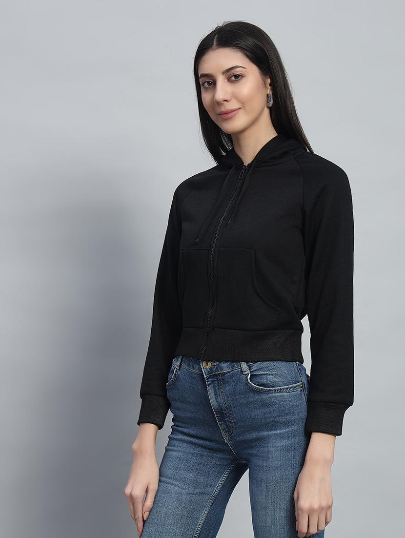 women solid hooded long sleeves crop sweatshirt - 21685406 -  Standard Image - 1