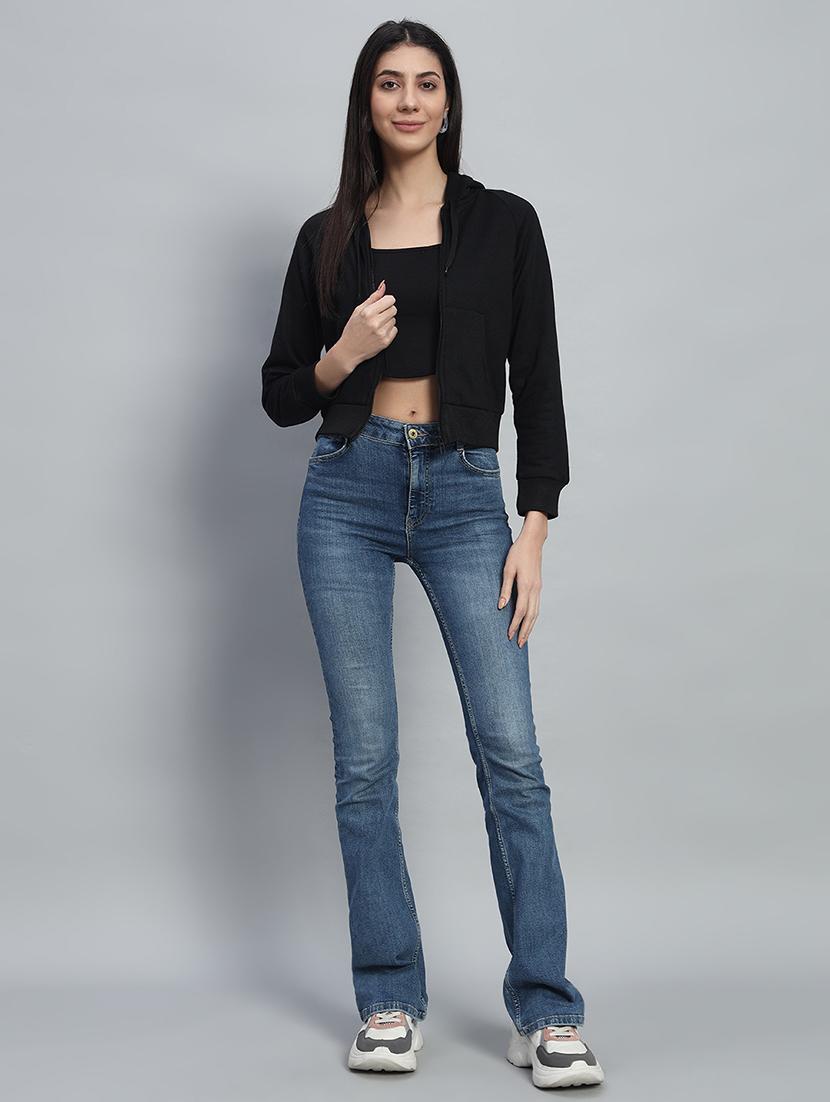 women solid hooded long sleeves crop sweatshirt - 21685406 - Standard Image - 4
