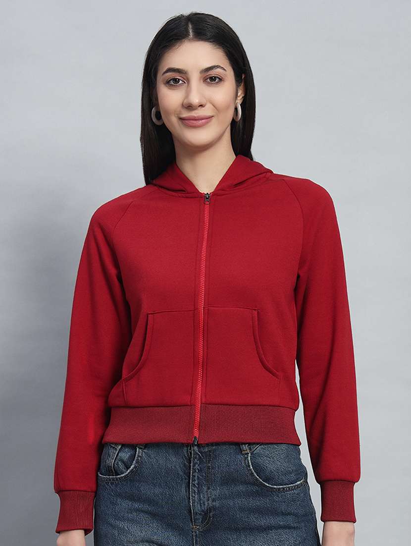 women solid hooded long sleeves crop sweatshirt