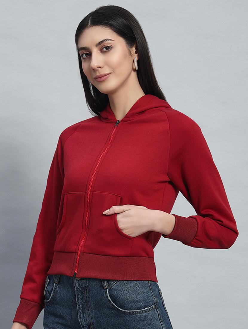 women solid hooded long sleeves crop sweatshirt - 21685407 - Standard Image - 1