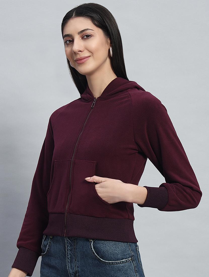 women solid hooded long sleeves crop sweatshirt - 21685408 -  Standard Image - 1