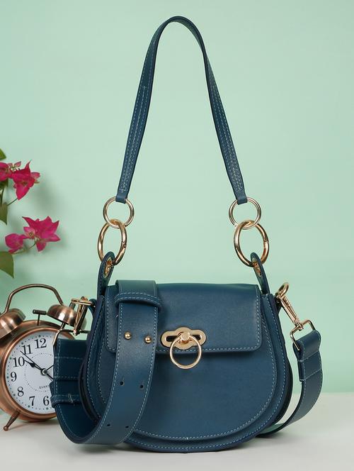 women solid blue leather sling bag - 21685469 - Standard Image - 0