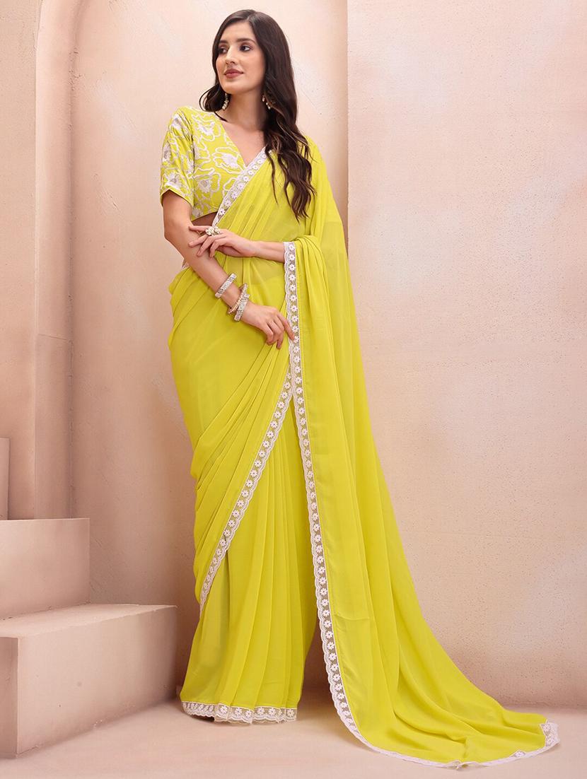women lime bordered saree with blouse