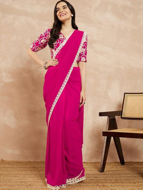 women pink bordered saree with blouse - 21685505 -  Standard Image - 0