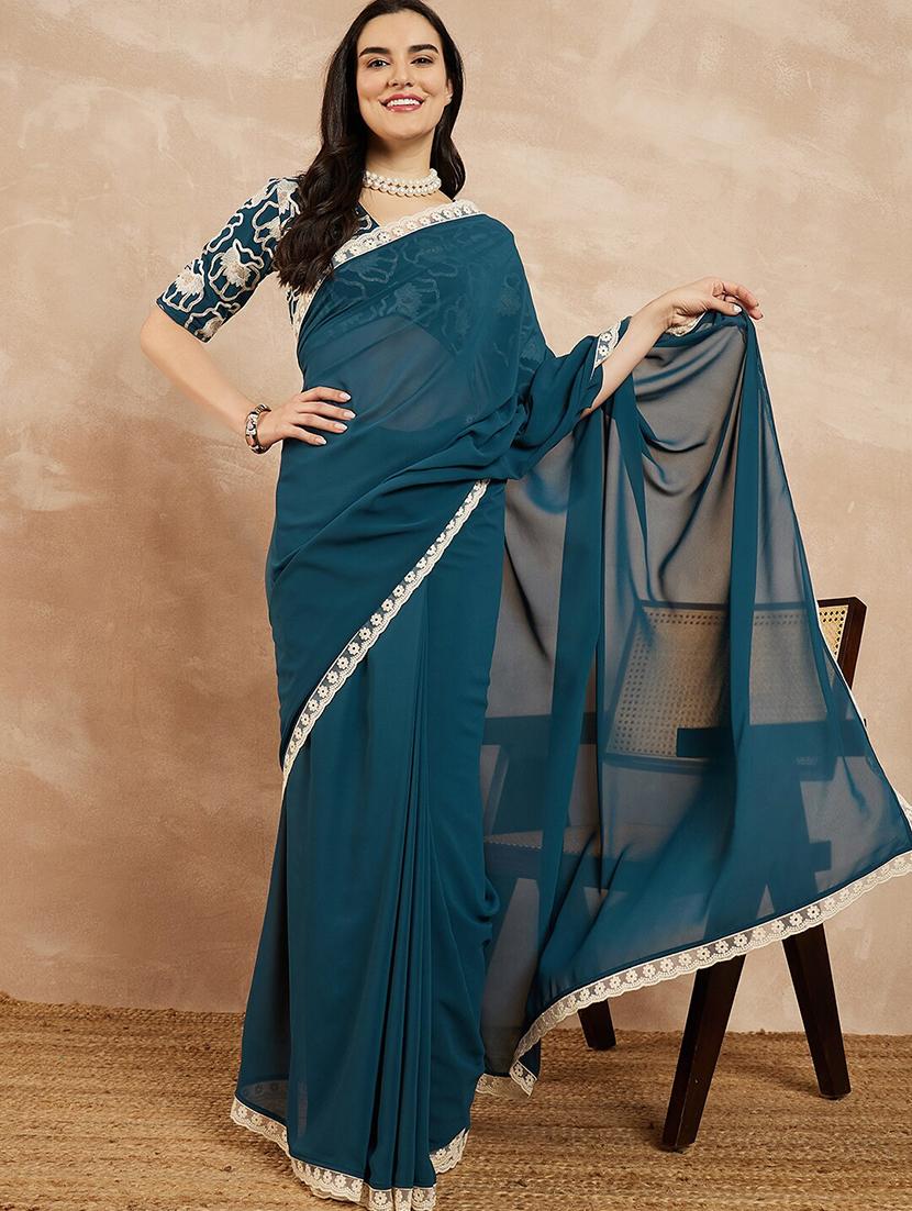 women teal bordered saree with blouse - 21685506 - Zoom Image - 0