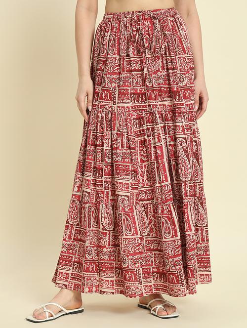 women maroon printed tiered long skirt - 21685533 -  Standard Image - 0