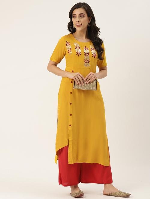 women mustard three quarter sleeve asymmetric kurta - 21685570 - Standard Image - 0
