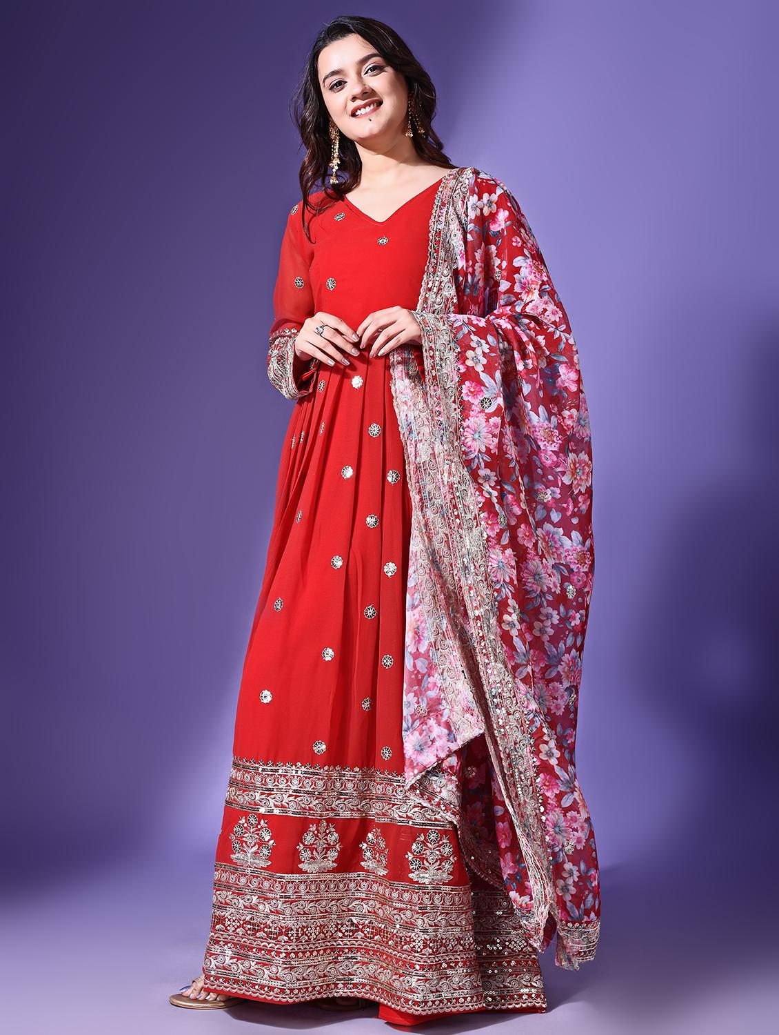 women embroidered red kurta dupatta set - 21685929 - Standard Image - 1