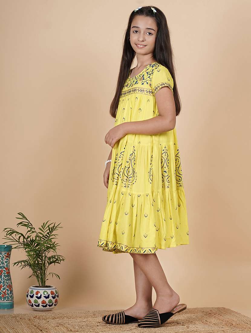 girls yellow printed round neck tiered dress - 21685950 -  Standard Image - 1